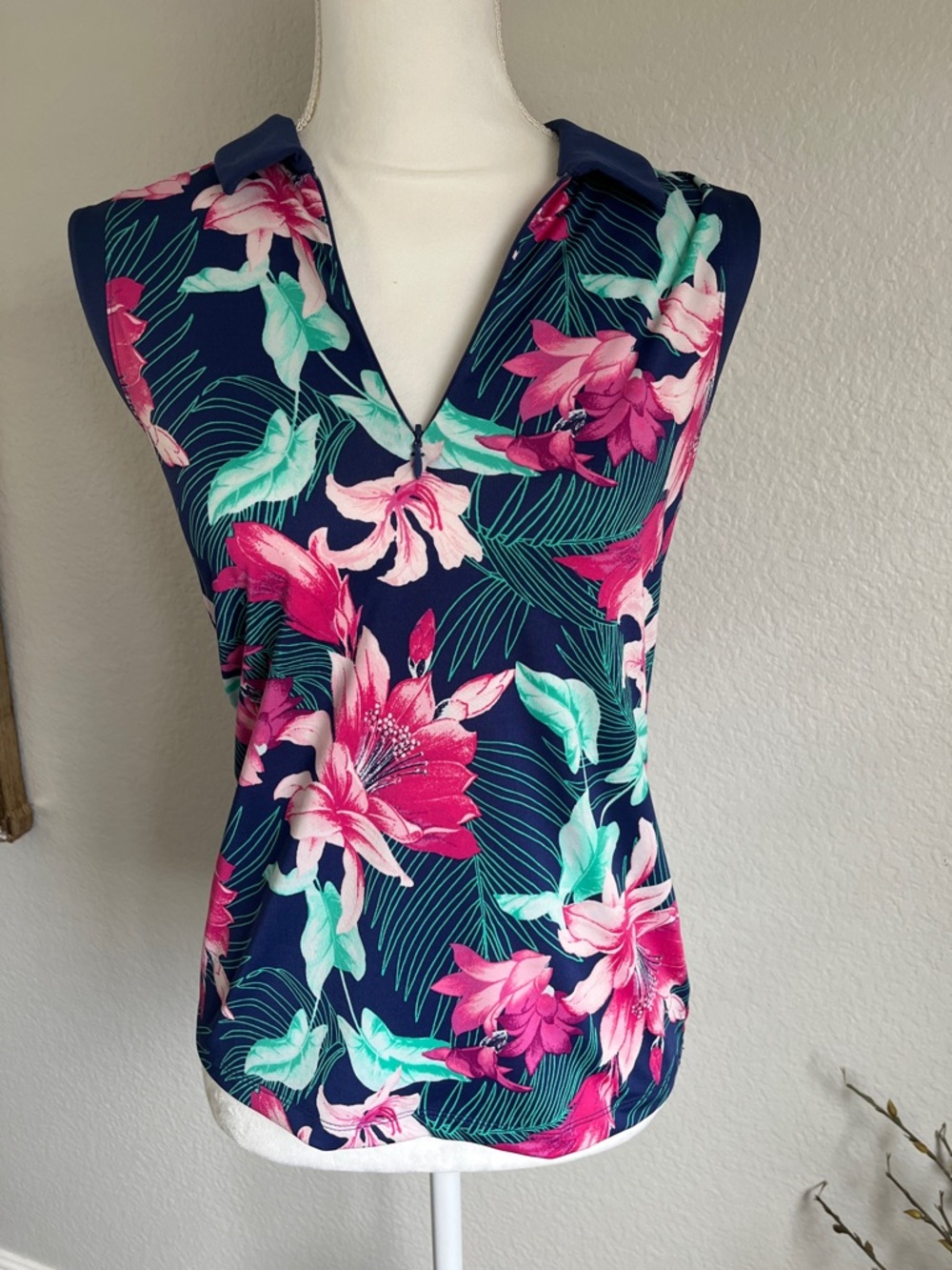 Tommy Bahama Navy Floral Sleeveless Zip Polo